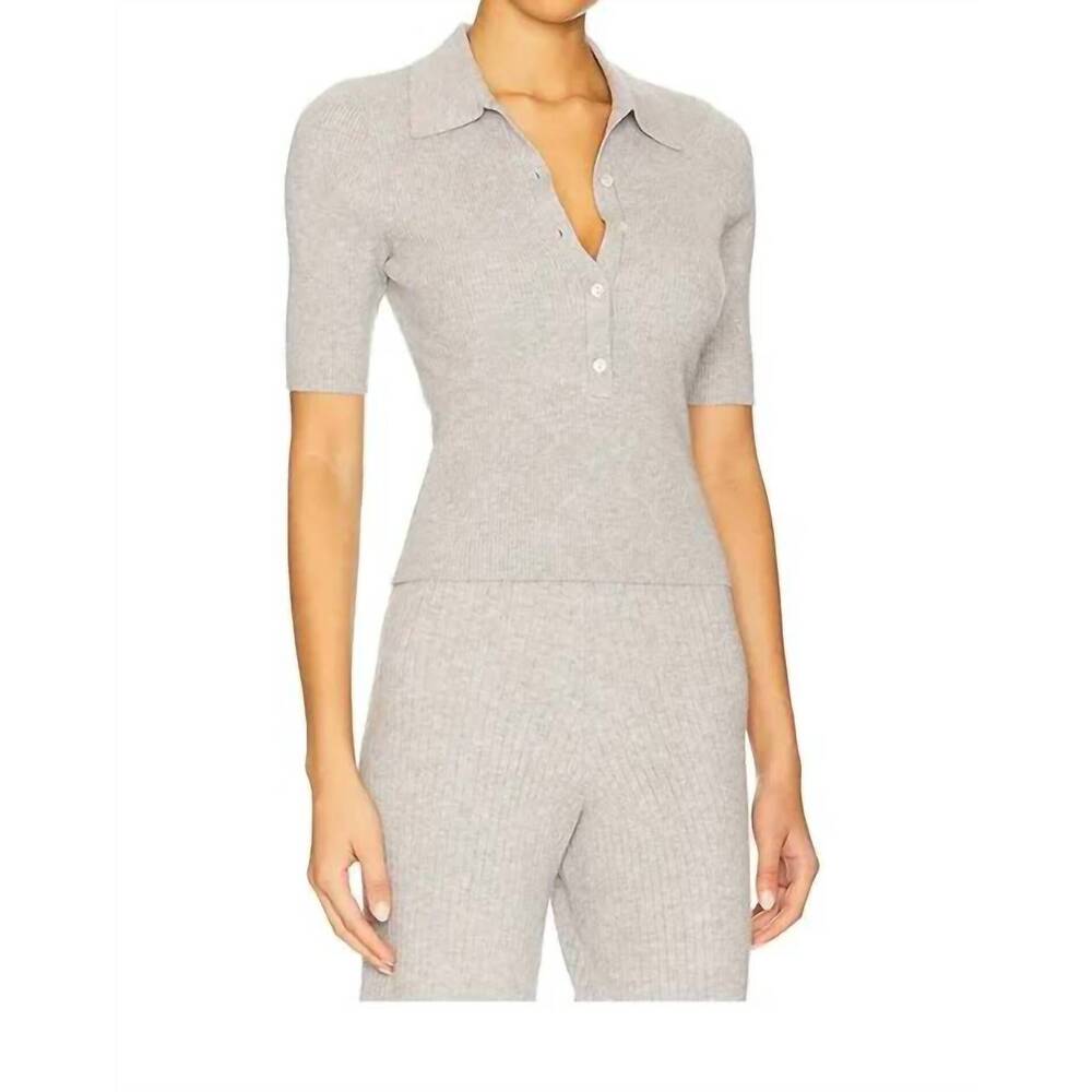 NEW 525 AMERICA ginny short sleeve polo knit top in grey - Picture 3 of 4